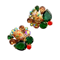 Vintage JULIANA Easter Egg Art Glass Green Brown Rhinestone Huge Clip Earrings