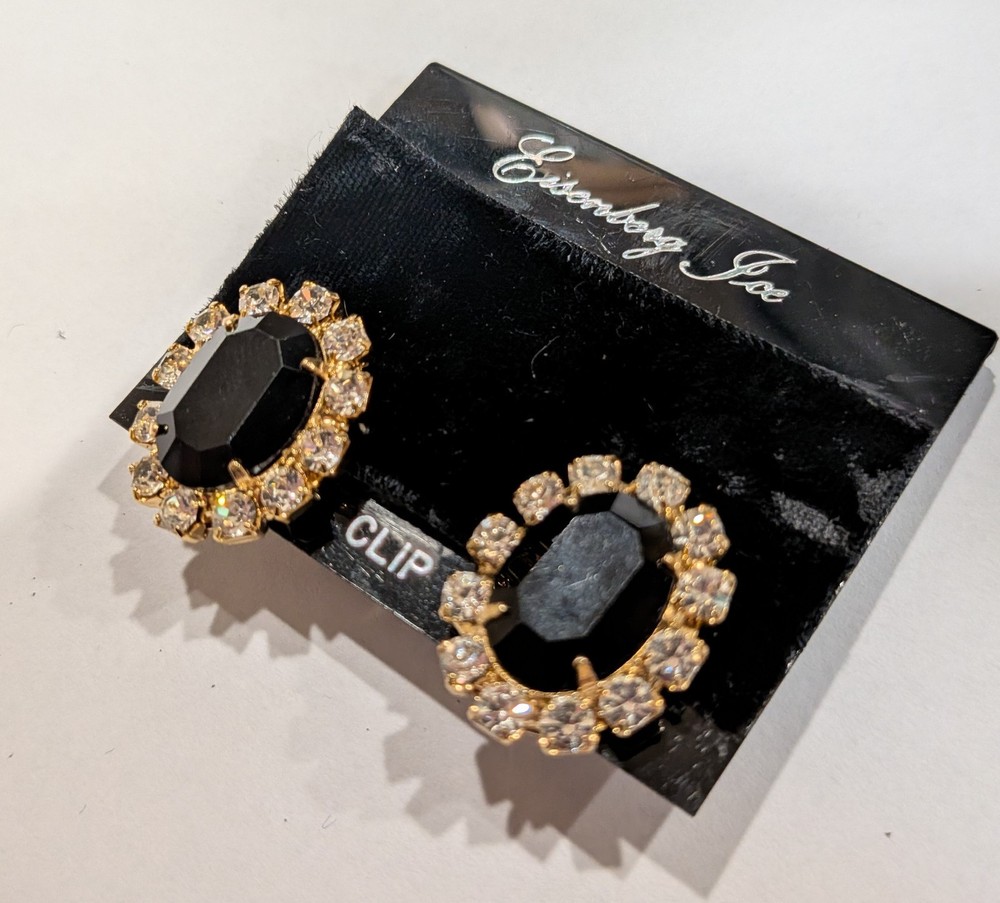 Eisenberg Ice Black Jet Oval Rhinestone Halo Clip Earrings Gold Tone Orig Card