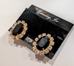 Eisenberg Ice Black Jet Oval Rhinestone Halo Clip Earrings Gold Tone Orig Card