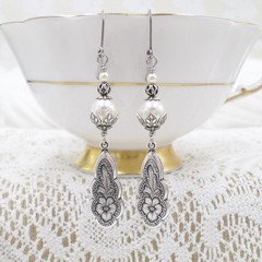 Art Nouveau Earrings, Antique Silver Tone Pansy Flower Cream Faux Pearl Jewelry