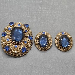 Vintage West Germany Brooch And Clip On Earrings Blue Rhinestones Faux Pearls
