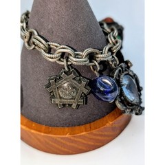 Vintage Silver Toned Fold Over Clasp Etruscan Heraldic Fob Chunky Charm Bracelet