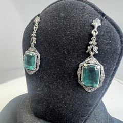 Beautiful Art Deco Inspired Silver Tone Faux Aqua Stones Drop Dangle Earrings