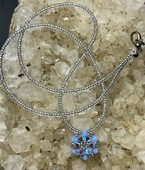 Handmade Beaded Pendant Necklace Blue Crystal Aurora Borealis Snowflake /Flower