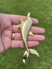 Gold-Tone Dolphin Pin w/ Faux Diamond Stone Eye Brooch Vtg 4.25″