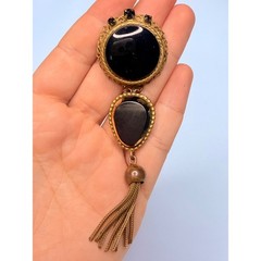 Original by Robert Brooch Black Glass Rhinestone Pendant Tassel Vintage