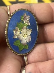 Antique Guilloche’ Enameled On Copper 1 1/2” Oval White Green Floral On Blue Pin