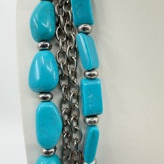 Vintage Silver Tone Turquoise Color Necklace Multi Strand Chunky Layered Chain