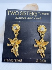 Vintage 90s Two Sisters Medici Gold Tone Cherub Drop Earrings Rhinestone Cupid