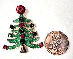 Estate Gold Tone Rhinestone & Green Glitter Christmas Tree Pin / Brooch