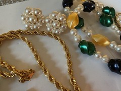 Vintage Blue/Green/Gold Jewelry Mix Lot Earrings Necklace RS Beads Glass Enamel