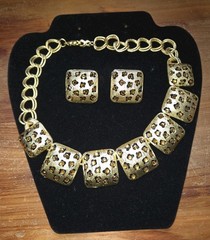 VTG Signed CRAFT Leopard Print Citrine Rhinestone Necklace & Earrings Set