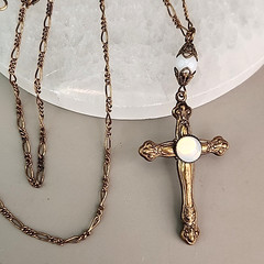 Vintage Cross Necklace Carole Opalite Antiqued Gold Tone 28″