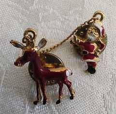 Vintage 1970s Christmas Enamel Santa & Reindeer Push Back Pins On Chain