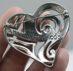 Signed Chico’s Have a Heart Brooch Pin Silvertone, Gold tone Rhinestones 2008