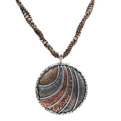 Vtg Silver Rose Gold Tone Chain Multi Strand Necklace Big Round Etched Pendant