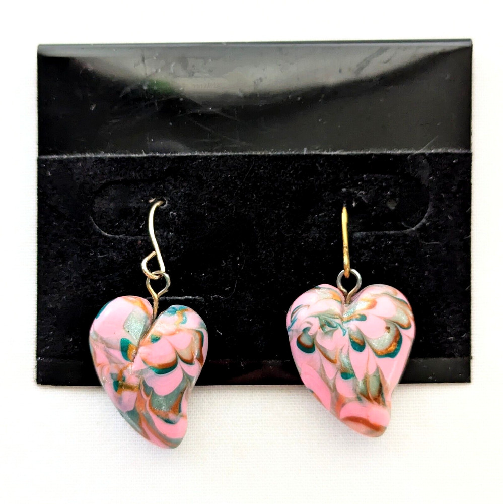 Pink Heart Dangle Earrings Polymer Clay Handmade Dainty Jewelry Gift