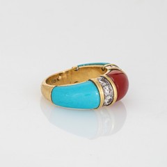 70s Vintage Turquoise Coral Diamond Band Sz 5 Ring 18k Yellow Gold Fine Jewelry