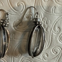 Vintage Sterling Silver Openwork Cage Lantern Dangle Earrings Rhinestone Accent
