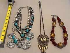 3 Vintage Statement Necklaces – Articulated Lion, Rhinestones, Mixed Materials