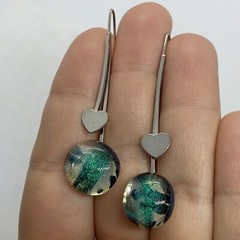 VTG BLUE FOIL GLASS SILVER HEART LONG DROP EARRINGS HOOK EAR WIRE 2”