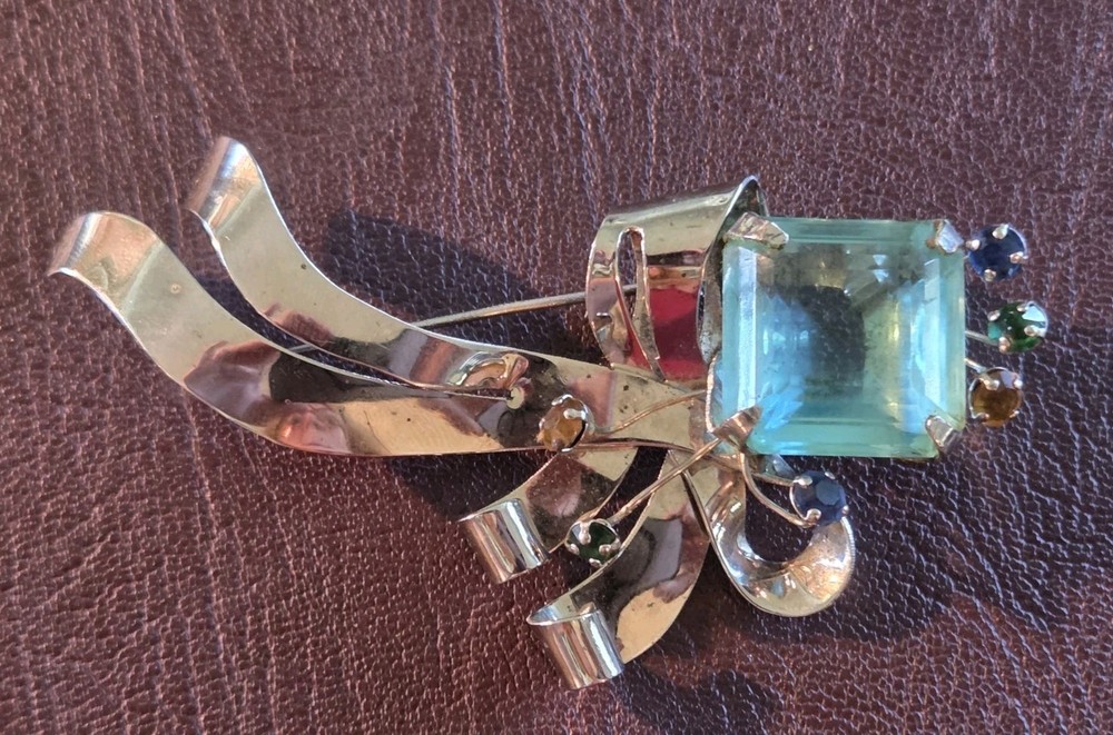 1940s Unsigned Glamourous Sterling Silver 4″ Brooch w/ Large Aqua Stone