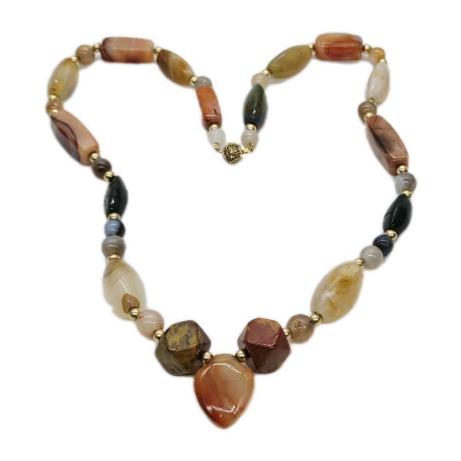 Multicolored Agate gemstone Necklace Vintage Chunky Heart Pendant 26 in