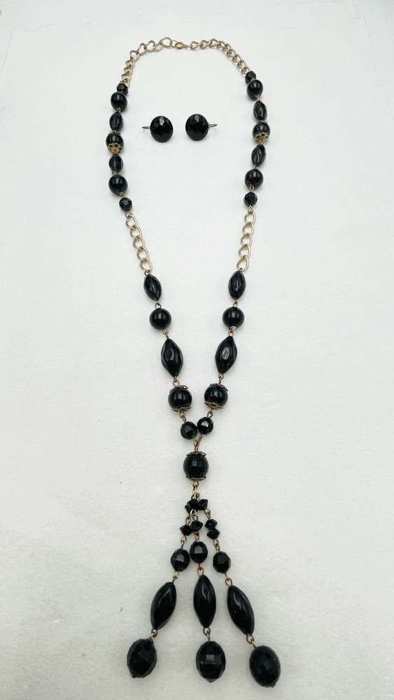 VTG Black Beaded Long Strand with Tassel Necklace Earrings Set Retro Boho Chic