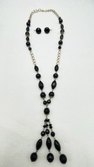 VTG Black Beaded Long Strand with Tassel Necklace Earrings Set Retro Boho Chic
