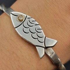 Vintage Taxco Mexico 925 Sterling Silver Fish Bangle Bracelet Twisted Cuff 21g