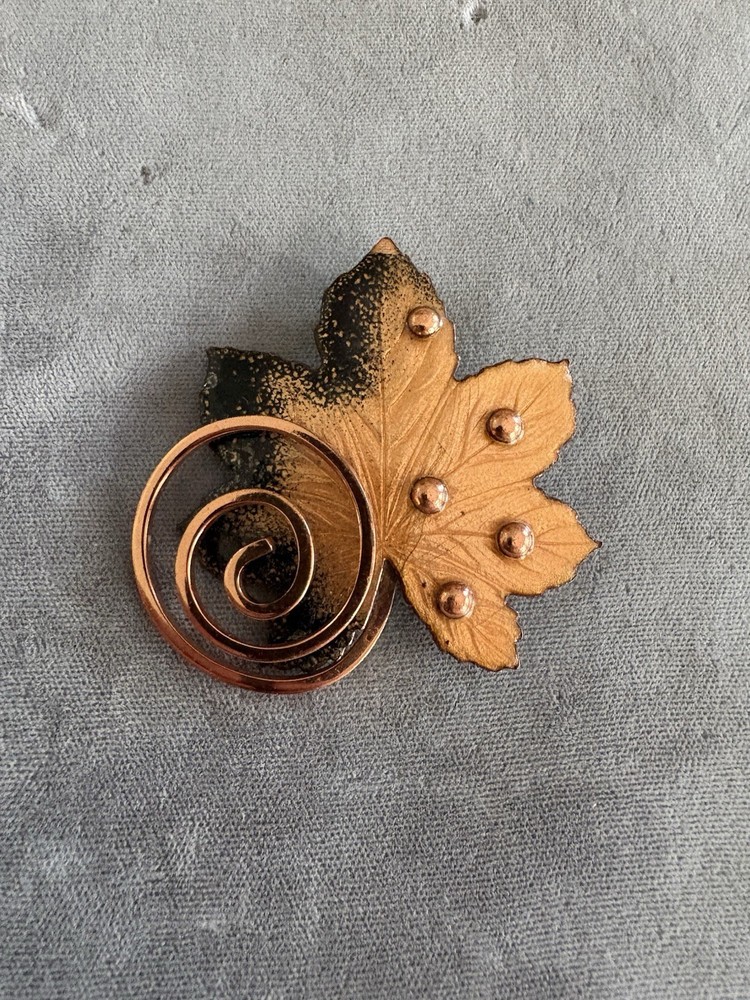 Vintage Renoir Matisse Copper Enamel Leaf Swirl Pin