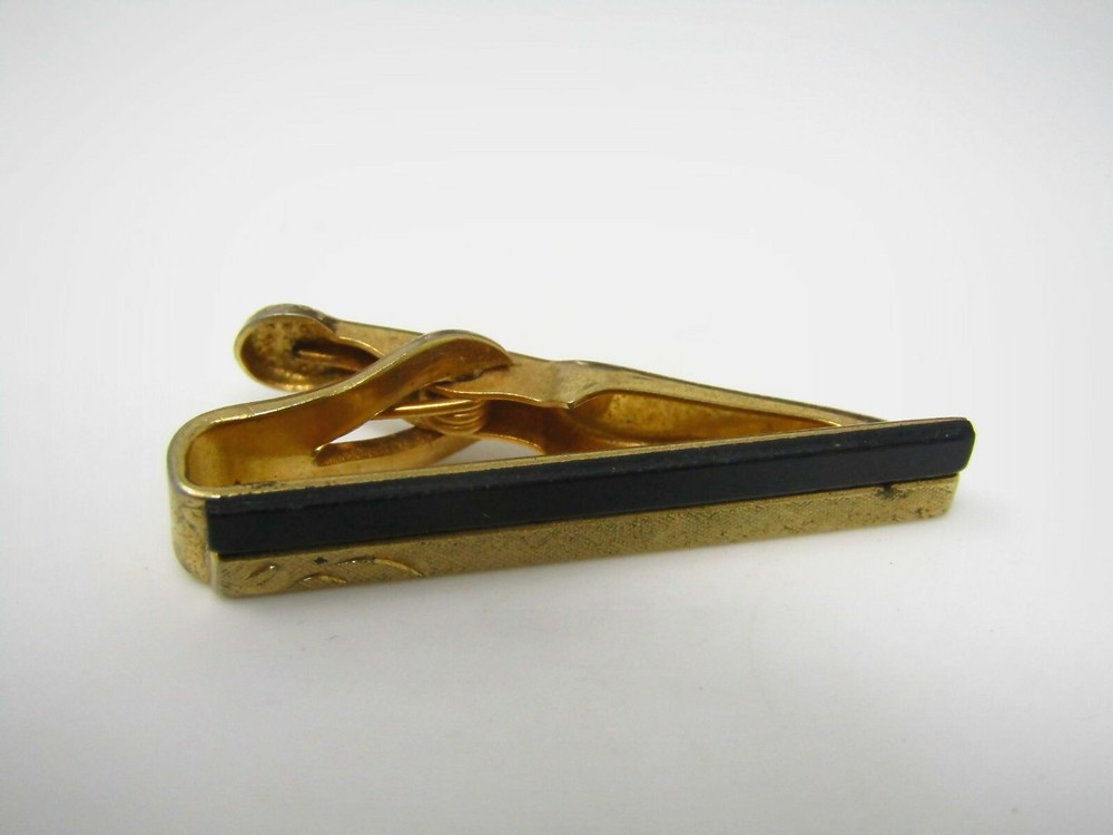 Vintage Gold Tone Tie Bar Clip Black Enamel Top Engraved Scroll Design for Men