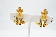 Vintage Graziano Clip On Earrings Gold Tone Faux Pearl Rhinestone Crown