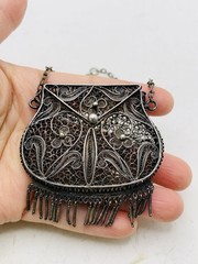 Antique Silver Tone Intricate Filigree Swirl Flower Coin Perfume Purse Pendant