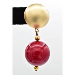 Vintage Dangle Beaded Earrings Chunky Drop Brushed Gold Red Retro 1980s BinBF