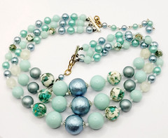 Aqua Teal Blues Multi Color Graduated Triple Strand Bead Vtg MCM Necklace Japan