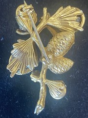 French Designer mid century Art Nouveau gemstone Pinecone Branch Gold tone Pin
