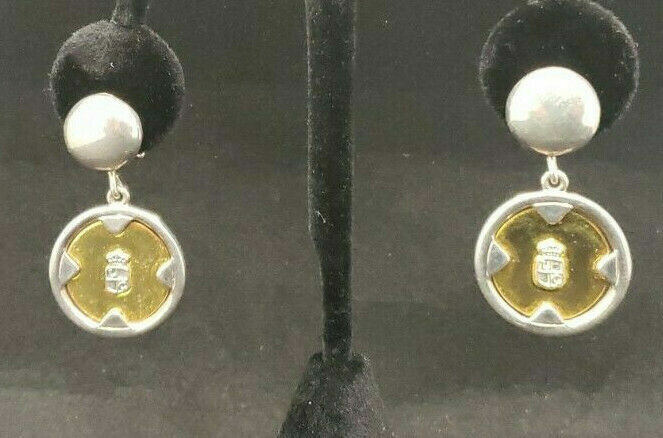 Vintage Liz Claiborne LC Shield Logo Gold Tone & Silver Dangle Clip On Earrings