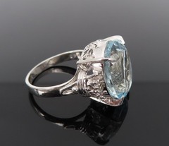 Vintage 9.43ct Oval Cut Aquamarine & 0.06ct Diamond Platinum Ring Size 6.75