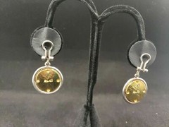 Vintage Liz Claiborne LC Shield Logo Gold Tone & Silver Dangle Clip On Earrings