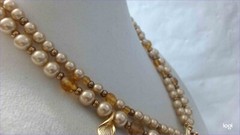 VTG Double Strand Creamy Beige Faux Pearls Honey Amber Rhinestone Bead Necklace