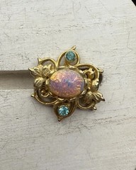 Coro Pin Faux Pink Fire Opal Aqua Rhinestone Gold Plated Mid century Vintage .9”