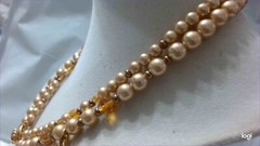 VTG Double Strand Creamy Beige Faux Pearls Honey Amber Rhinestone Bead Necklace