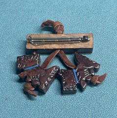 Vintage 1940s Carved Wood Dangling Scottie Dogs Brooch – Leather Cord Pin
