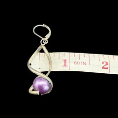 Vintage Modernist Purple Faux Pearl Dangle Earrings Silver Tone Artisan Handmade