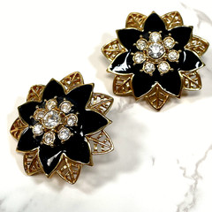 Vintage Oscar de la Renta Signed O Logo Gold Black Enamel Flower Post Earrings