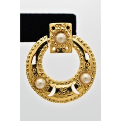 Vintage Dangle Earrings Gold Floral Pearl Door Knocker USA Made NOS 1980s 9M