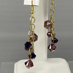 Glass Beaded Dangle Drop Earrings Pair (2) Purple Yellow Fringe Pierced