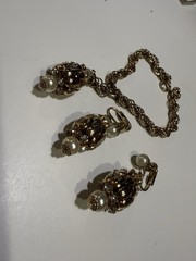 1950s Magic Lantern Gold Tone Rhinestone Earrings Necklace Charm Bracelet Set
