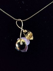 Porcelain Rose with leaf Pendant on 16 Inch Gold Tone Necklace